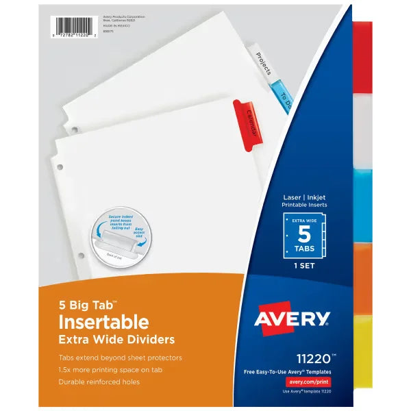 Avery&reg; Extra-Wide Big Tab&trade; Insertable Tab Dividers, 5-Tab, Multicolor Tabs, Works With Sheet Protectors (11220)