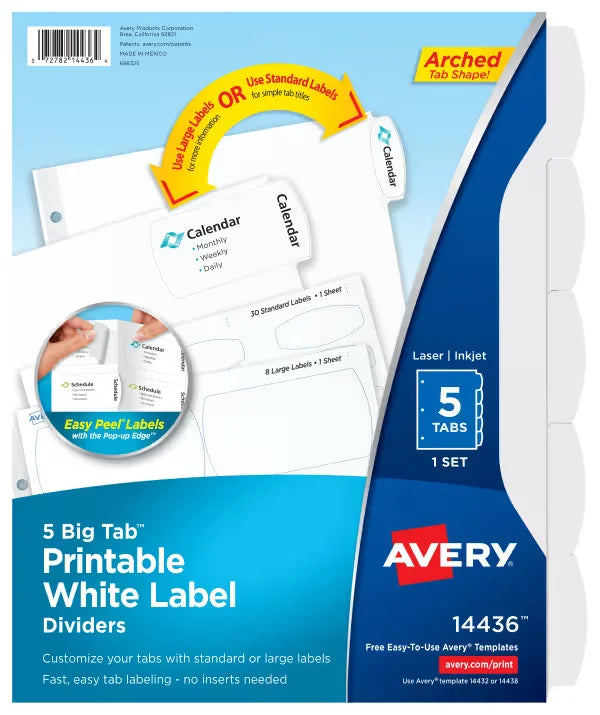 Avery&reg; Big Tab&trade; Printable Label Dividers, Easy Peel&reg;, 5-Tab Set (14436)