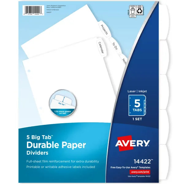 Avery&reg; Big Tab&trade; Durable Paper Dividers, 5-Tab Set, Easy Peel&reg; Labels (14422)