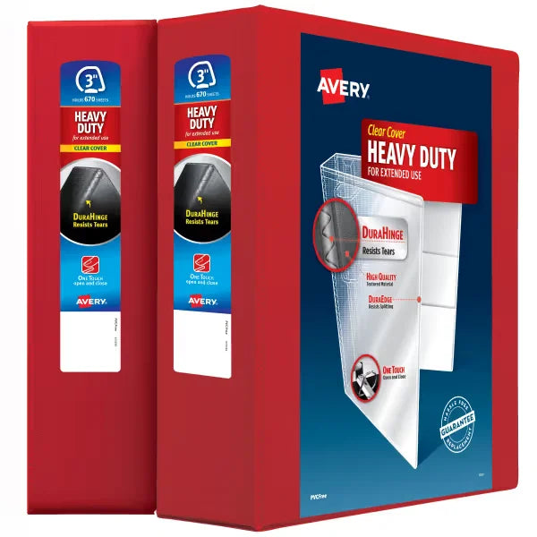 Avery&reg; Heavy-Duty View 3 Ring Binder, 3" One Touch EZD&reg; Rings, 3.5" Spine, 2 Red Binders (39701)