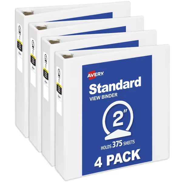 Avery&reg; Standard View Binders, 2" Round Rings, 375-Sheet Capacity, 2.8-Inch Wide Spine, 4 White Binders (19202)
