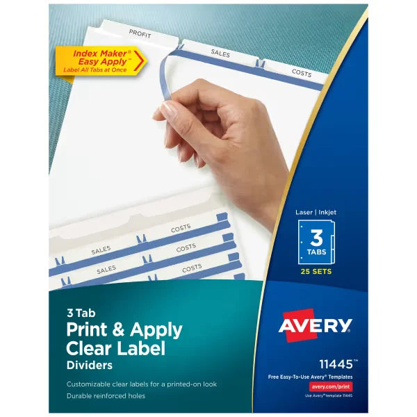 Avery&reg; Print & Apply Clear Label Dividers, Index Maker&reg; Easy Apply&trade; Printable Label Strip, 3 White Tabs, 25 Sets (11445)