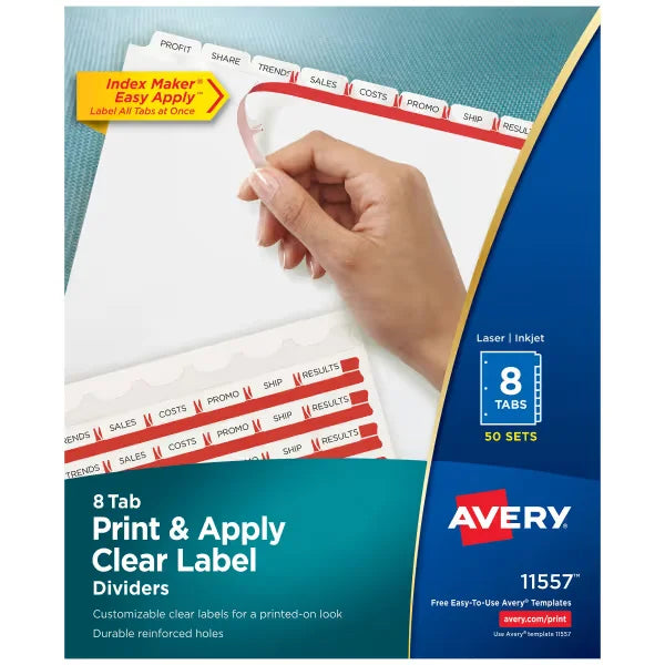 Avery&reg; Print & Apply Clear Label Dividers, Index Maker&reg; Easy Apply&trade; Printable Label Strip, 8 White Tabs, 50 Sets (11557)