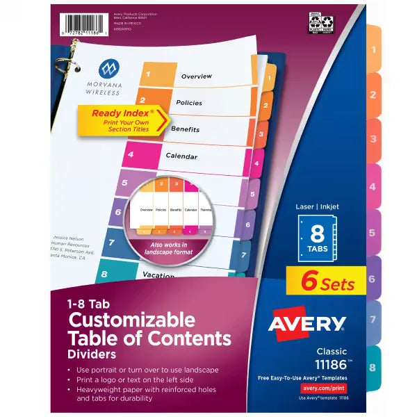 Avery&reg; Ready Index&reg; 8 Tab Binder Dividers, Customizable Table of Contents, Multicolor Tabs, 6 Sets (11186)