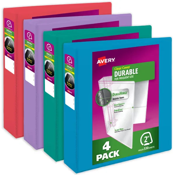 Avery&reg; Durable View 3 Ring Binders, 2 Inch Slant Rings, 530-Sheet Capacity, Assorted Bright Colors (4-Pack of 05635)
