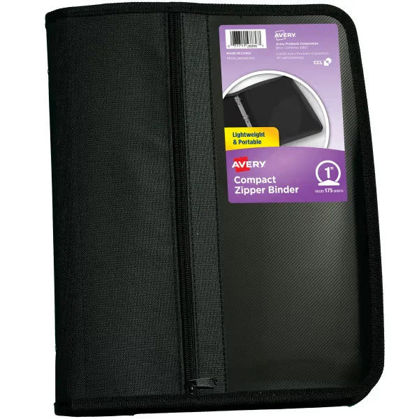 Avery&reg; Zipper Binder, 1" Round Rings, 175-Sheet Capacity, Black Binder with Pocket (26006)