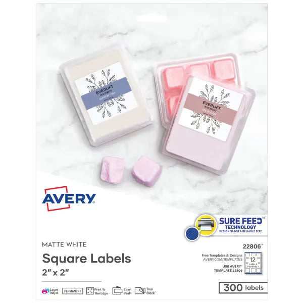 Avery&reg; Square Labels, 2" x 2", Matte White, Laser & Inkjet Compatible, 300 Labels Total (22806)