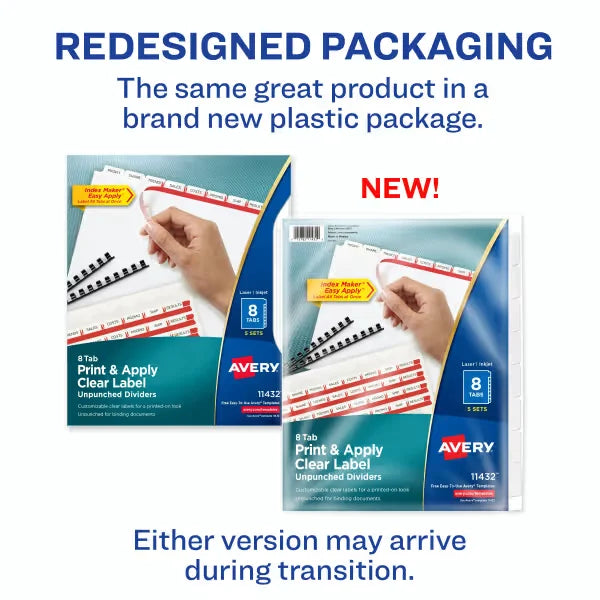 Avery&reg; Print & Apply Clear Label Unpunched Dividers, Index Maker&reg; Easy Apply&trade; Printable Label Strip, 8 White Tabs, 5 Sets (11432)