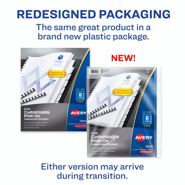 Avery&reg; Unpunched Print-On&trade; Dividers, 8 Tabs, 5 Sets (11553)