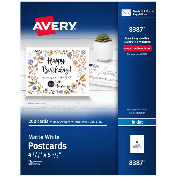 Avery&reg; Printable Postcards, 4.25" x 5.5", Matte White, 200 Blank Postcards for Inkjet Printers (8387)