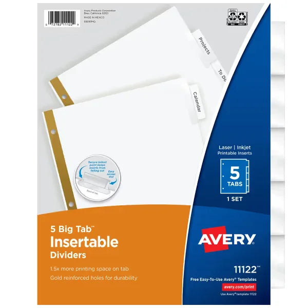 Avery&reg; Big Tab&trade; Insertable Dividers, Clear Tabs, 5-Tab Set (11122)