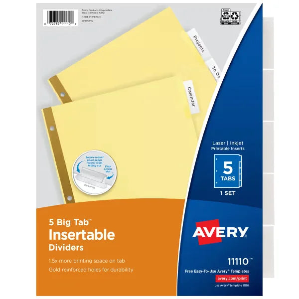 Avery&reg; Big Tab&trade; Insertable Dividers, 5-Tab Set, Buff Paper, Clear Tabs (11110)