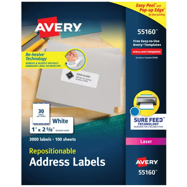Avery&reg; Repositionable Address Labels, Repositionable Adhesive, 1" x 2-5/8", 3,000 Labels (55160)