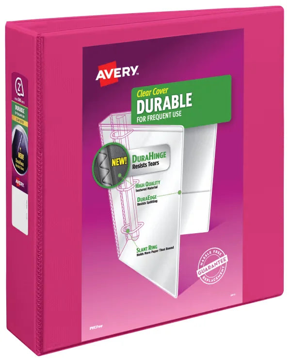 Avery&reg; Durable View Binder, 2" Slant Rings, 500-Sheet Capacity, DuraHinge&trade;, Pink (17836)
