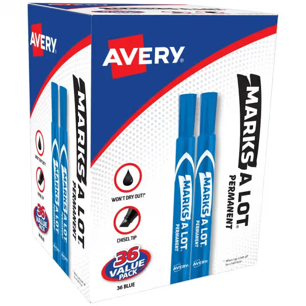 Avery&reg; Marks A Lot&reg; Permanent Markers, Large Desk-Style Size, Chisel Tip, 36 Blue Markers Total (98242)