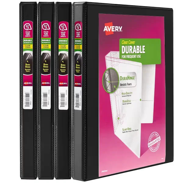 Avery Durable View Binder, 1/2 inch Slant Rings, Black, 120-Sheet Capacity, DuraHinge, Multi Pack of 4 (05736)