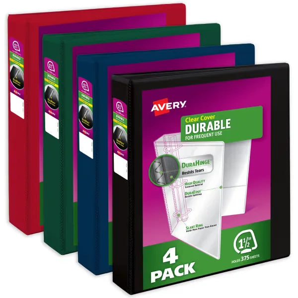 Avery&reg; Durable View 3 Ring Binders, 1-1/2 Inch Slant Rings, 375-Sheet Capacity, Assorted Dark Colors (4-Pack of 05622)