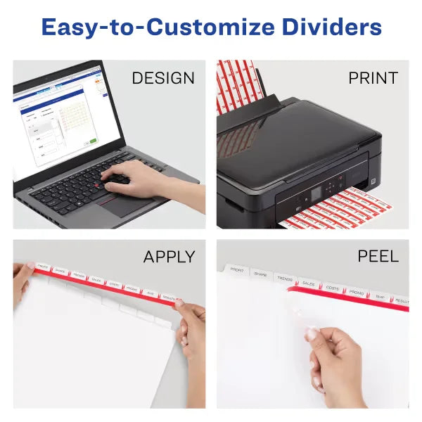 Avery&reg; Print & Apply Clear Label Dividers, Index Maker&reg; Easy Apply&trade; Printable Label Strip, 8 White Tabs, 50 Sets (11557)