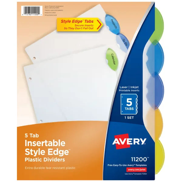 Avery&reg; Insertable Style Edge&trade; Plastic Dividers, 5-Tab Set, Multicolor (11200)