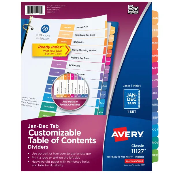 Avery&reg; Ready Index&reg; Jan-Dec Dividers, 12 Tab Sets, Customizable Table of Contents, Multicolor Tabs (11127)