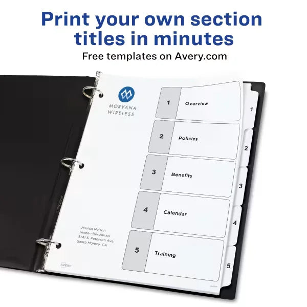Avery&reg; Ready Index&reg; Dividers for 3 Ring Binders, 5 Tab Sets, Customizable Table of Contents, White Tabs, 6 Sets (11821)