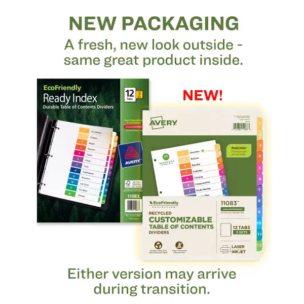 Avery&reg; EcoFriendly Recycled Dividers, 12-Tab, Multicolor, Ready Index&reg; Customizable Table of Contents, 3 Sets (11083)