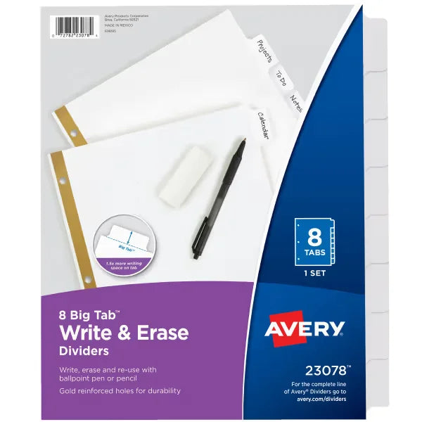 Avery&reg; Big Tab&trade; Write & Erase Dividers, 8-Tab Set (23078)