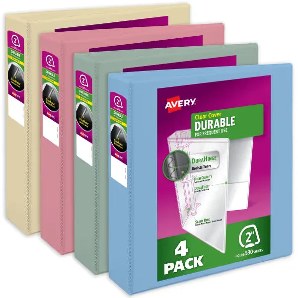 Avery&reg; Durable View 3 Ring Binders, 2 Inch Slant Rings, 530-Sheet Capacity, Assorted Pastel Colors (4-Pack of 05636)