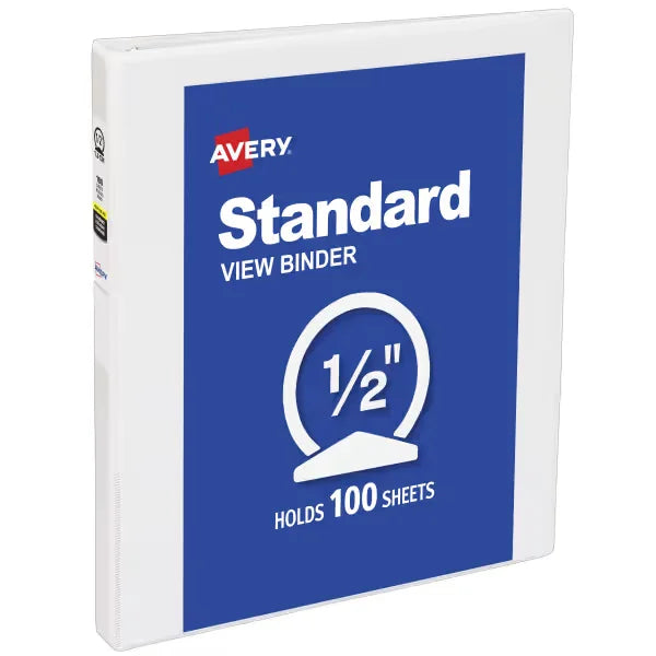 Avery&reg; Standard View Binder, 1/2" Round Rings, 100-Sheet Capacity, 0.7-Inch Wide Spine, White Binder (05750)