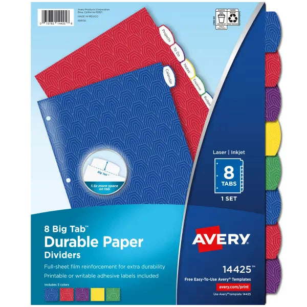 Avery&reg; Big Tab&trade; Durable Paper Dividers, 8-Tab Set, Assorted Primary Colors, Easy Peel&reg; Labels (14425)