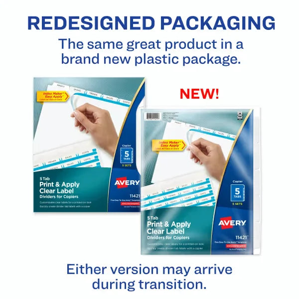 Avery&reg; Print & Apply Clear Label Dividers, Index Maker&reg; Easy Peel&reg; Printable Labels for Copiers, 5 White Tabs, 5 Sets (11421)