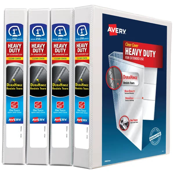 Avery&reg; Heavy-Duty View Binder, 1" One Touch Slant Rings, 250-Sheet Capacity, DuraHinge&trade;, 4 Binders, White (79780)