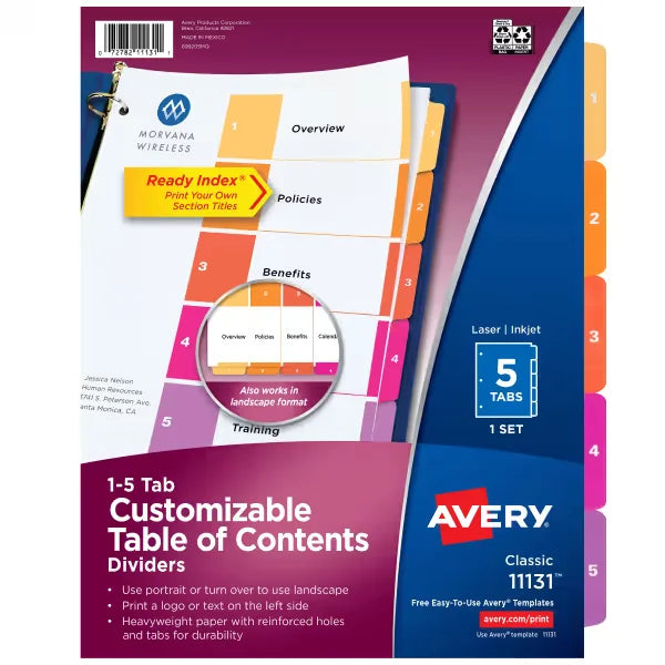 Avery&reg; Ready Index&reg; Dividers, 5 Tab Sets, Customizable Table of Contents, Multicolor Tabs (11131)