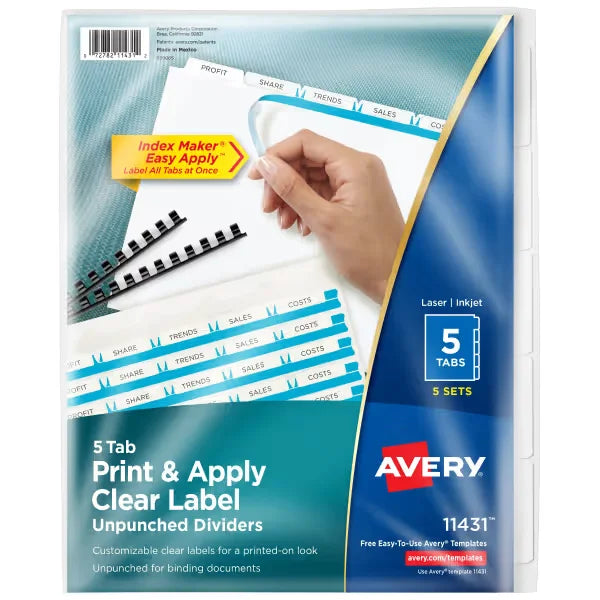 Avery&reg; Print & Apply Clear Label Unpunched Dividers, Index Maker&reg; Easy Apply&trade; Printable Label Strip, 5 White Tabs, 5 Sets (11431)