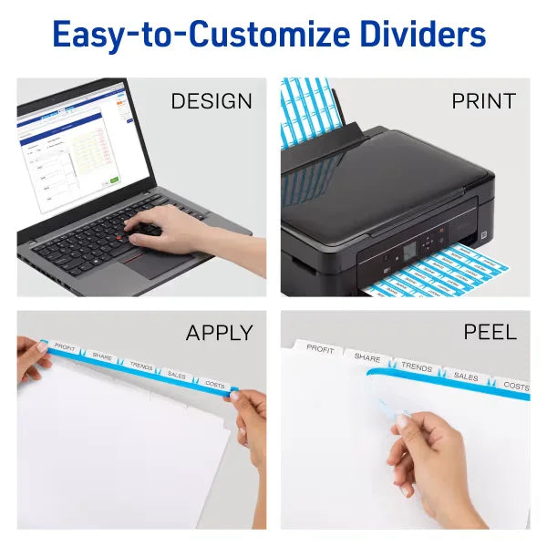 Avery&reg; Print & Apply Clear Label Unpunched Dividers, Index Maker&reg; Easy Apply&trade; Printable Label Strip, 5 White Tabs, 25 Sets (11443)