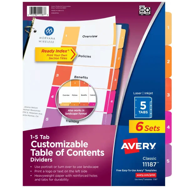 Avery&reg; Ready Index&reg; 5 Tab Binder Dividers, Customizable Table of Contents, Multicolor Tabs, 6 Sets (11187)