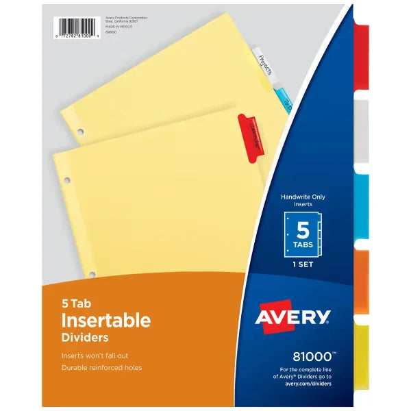 Avery&reg; Insertable Dividers, 5-Tab Set, Buff Paper, Multicolor Divider Tabs, 1 Set of Binder Dividers (81000)
