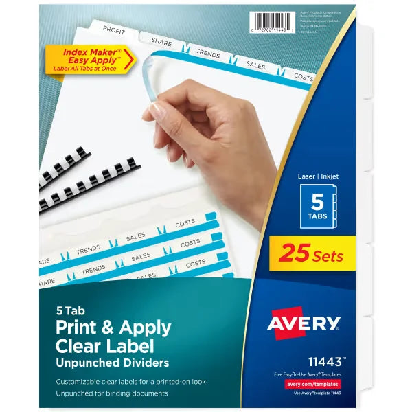 Avery&reg; Print & Apply Clear Label Unpunched Dividers, Index Maker&reg; Easy Apply&trade; Printable Label Strip, 5 White Tabs, 25 Sets (11443)