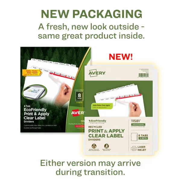 Avery&reg; EcoFriendly Recycled Dividers, 8-Tab, White, Index Maker&reg; Print and Apply Clear Label Strip, 5 Sets (11581)