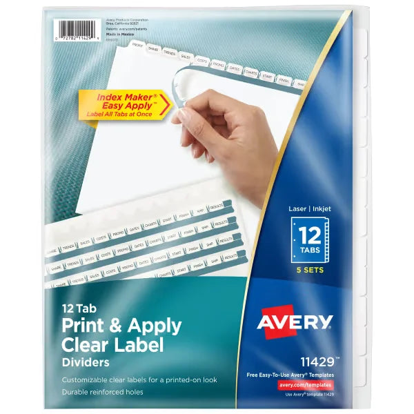 Avery&reg; Print & Apply Clear Label Dividers, Index Maker&reg; Easy Apply&trade; Printable Label Strip, 12 White Tabs, 5 Sets (11429)