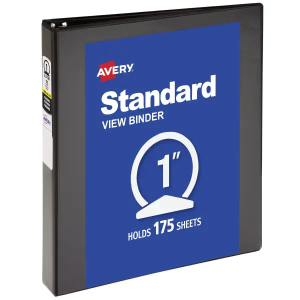 Avery&reg; Standard View Binder, 1" Round Rings, 175-Sheet Capacity, 1.4-Inch Wide Spine, Black Binder (05710)