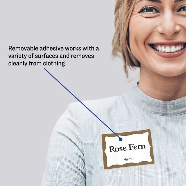 Avery&reg; Adhesive Name Badge Labels, 2-1/3" x 3-3/8", Gold Border, 100 Removable Name Badges (05146)
