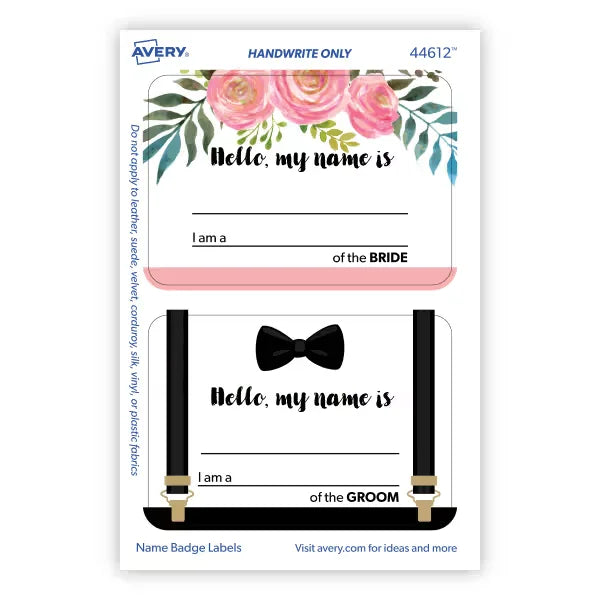 Avery&reg; Adhesive Name Tags, Wedding Guest, Bride & Groom, 2-1/3" x 3-3/8", 36 Name Stickers (44612)