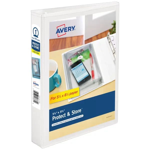 Avery&reg; Protect & Store&trade; Mini Binder, 1" Round Rings, 175-Sheet Capacity for 5-1/2" x 8-1/2" Paper, 1.4" Spine, White (23011)
