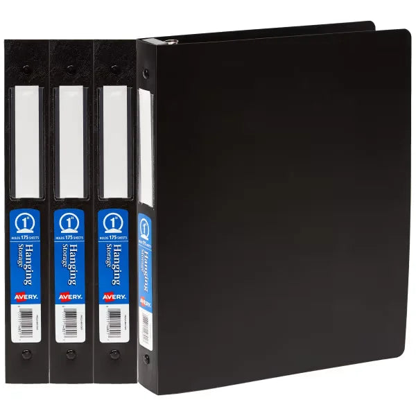 1" Hanging Storage Flexible 3 Ring Binders, Round Rings, 175-Sheet Capacity, Black, 4 Pack (17708)