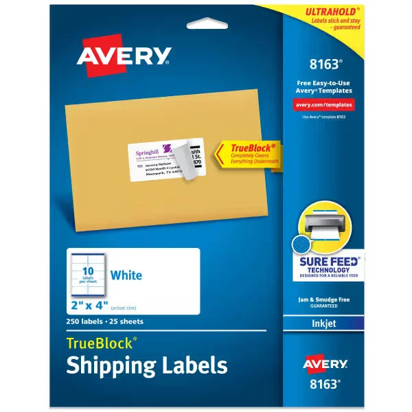 Avery&reg; TrueBlock&reg; Shipping Labels with Sure Feed&reg;, 2" x 4", White, 250 Blank Mailing Labels (8163)