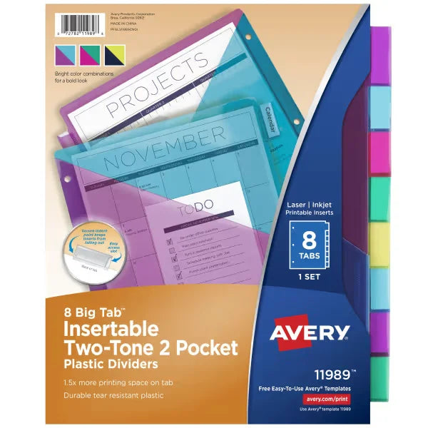 Avery&reg; Big Tab&trade; Plastic 2 Pocket Insertable Tab Dividers, 8-Tab, Bright Two-Tone Multicolor, Works With Sheet Protectors (11989)
