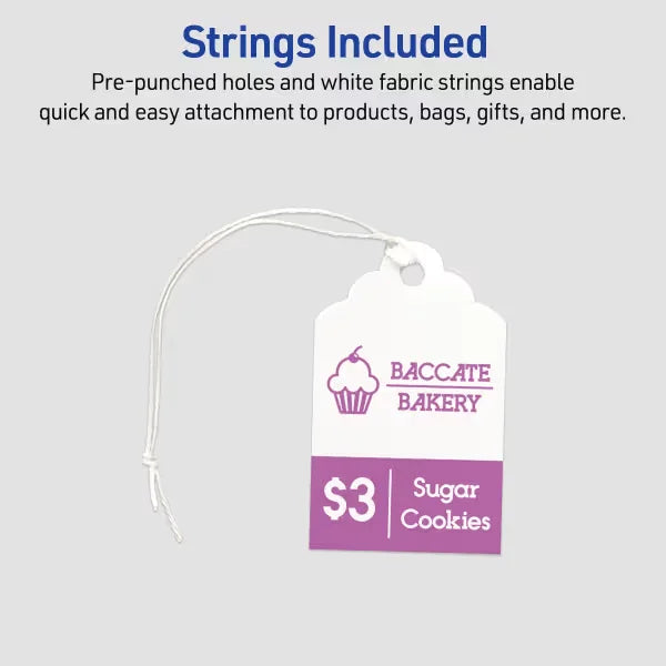 Avery&reg; Scalloped Tags with Sure Feed&reg;, 2" x 1-1/4", White, 180 Printable Tags with Strings (22848)