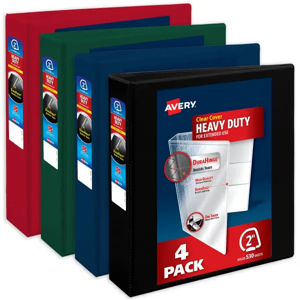 Avery&reg; Heavy-Duty View Binders, 2" One Touch Slant Rings, 530-Sheet Capacity, 2.8" Spine, Assorted Dark Colors (4-Pack of 79638)