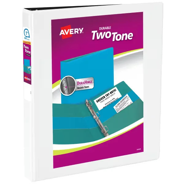 Avery&reg; Two-Tone Durable View Binder, 1" Slant Rings, 220-Sheet Capacity, DuraHinge&trade;, Assorted Colors (17191)